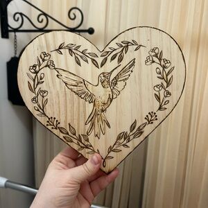 Wooden Heart with Hummingbird Design